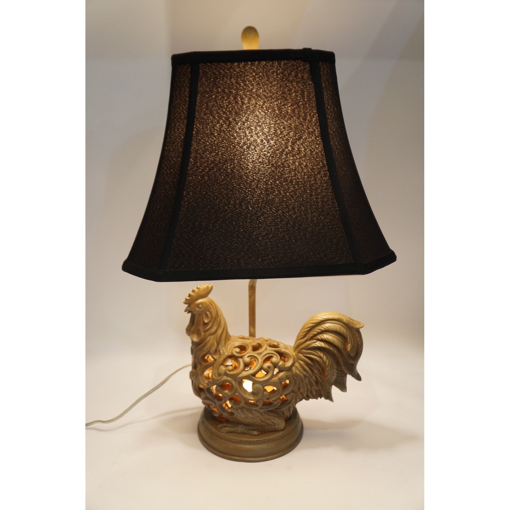 Homeroots Filigree Chicken Rooster Table Lamp Scrollwork Base Black Shade EUC